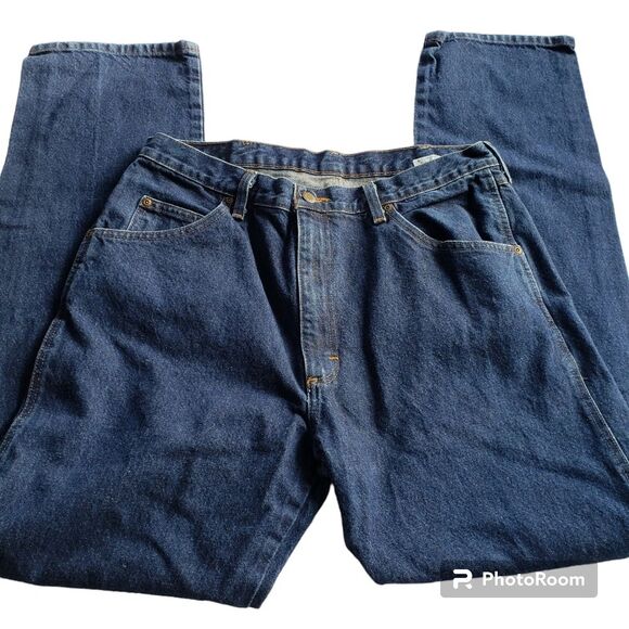 Wrangler Mens 36 x 34 Relaxed Fit Jeans Dark Blue Denim Classic 5-Pocket Style - Picture 4 of 6